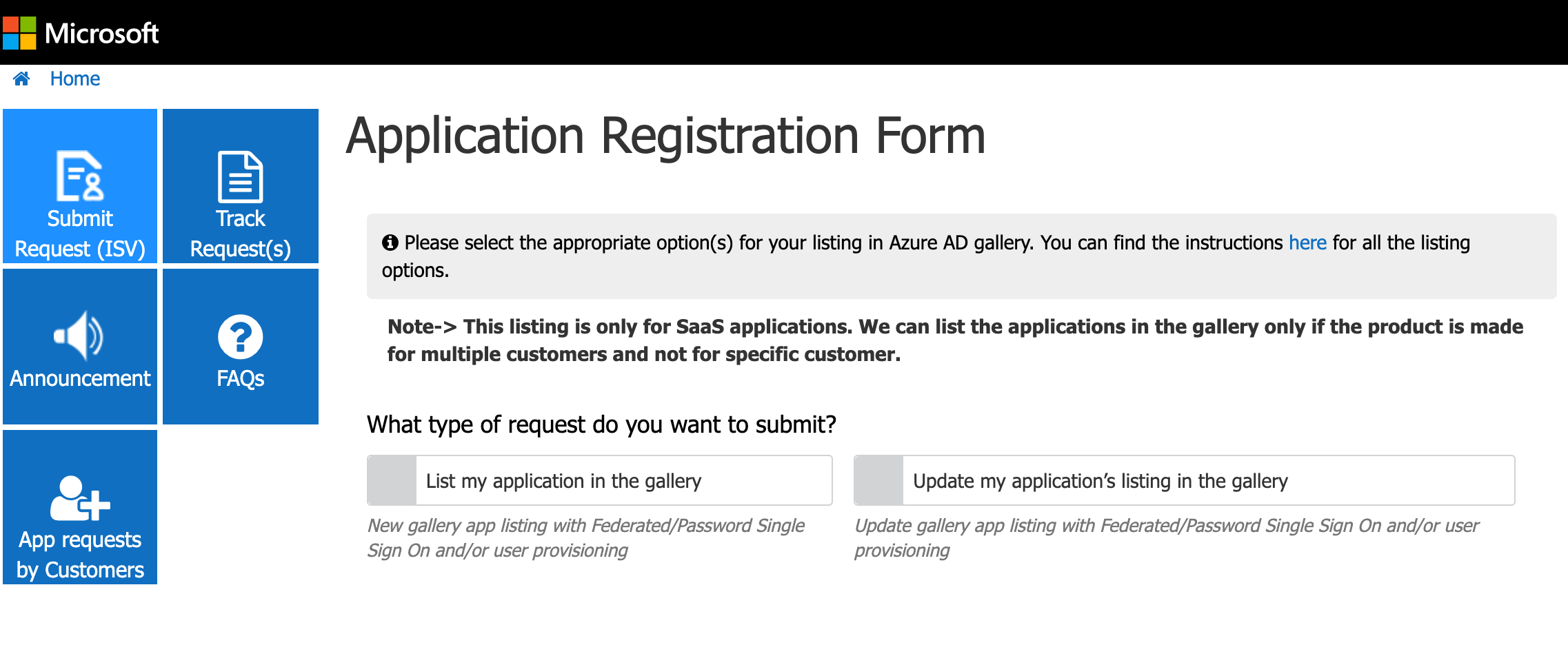 Microsoft Application Network application form